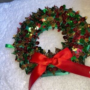 8” Bloomingdales Christmas Red Ribbon Wreath w & Green & Red & Gold Sequences